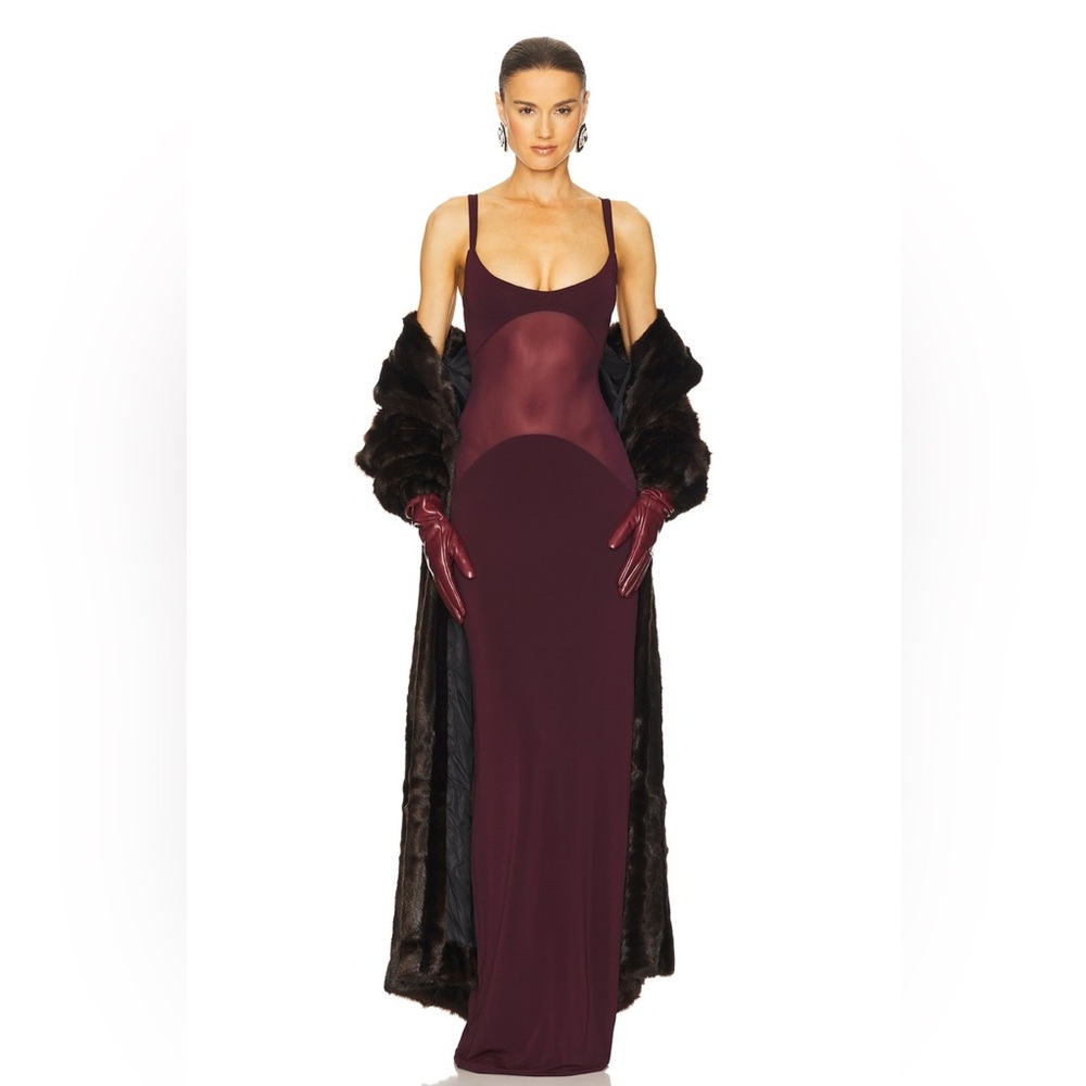 HELSA Sheer Knit Curve Maxi Dress in Merlot
